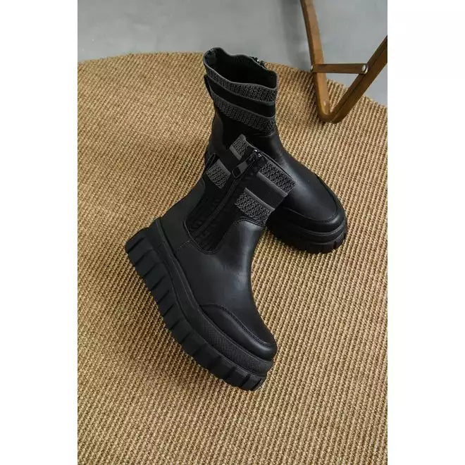 chunky flat heel zip boots