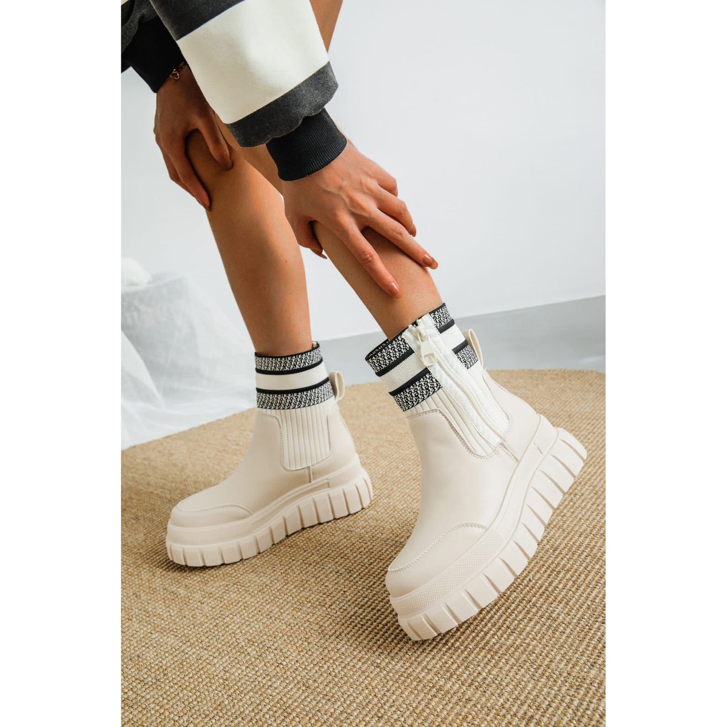chunky flat heel zip boots