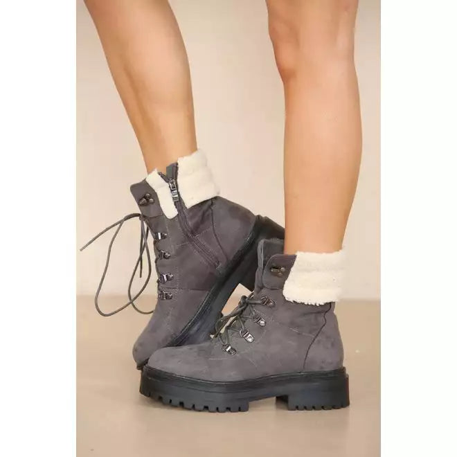 Suede Fur Collar Lace up Ankle Boots