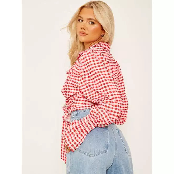 Checked Wrap Front Tie Knot Top