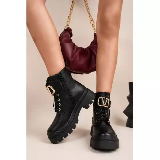 Lace-Up Biker Boots with Buckle Detail