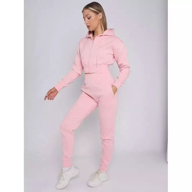 Zip Up Cropped Hoodie & Jogger Fleece Tracksuit