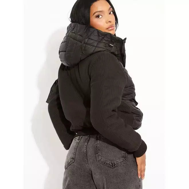 Puffer Bomber Jacket with Ribbed Sleeves