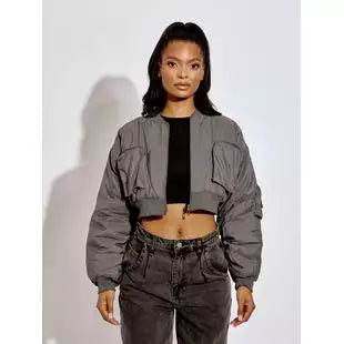 Ruched Sleeve Utility Pocket Cropped Bomber Jacket