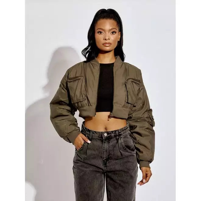 Ruched Sleeve Utility Pocket Cropped Bomber Jacket