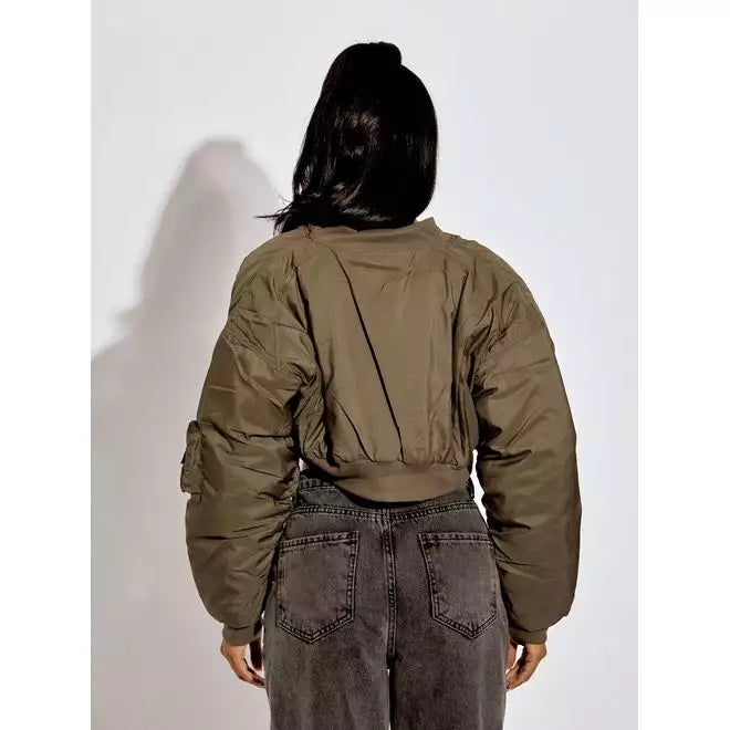 Ruched Sleeve Utility Pocket Cropped Bomber Jacket