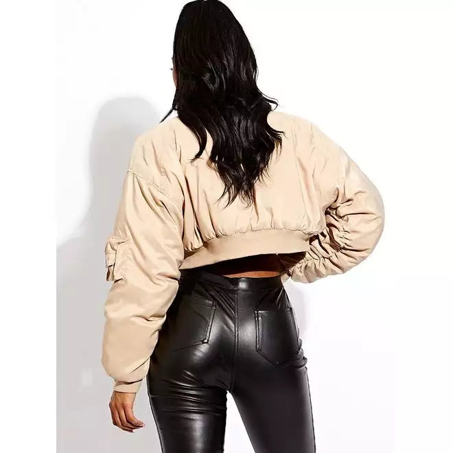 Ruched Sleeve Utility Pocket Cropped Bomber Jacket